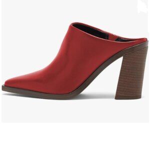 FOWT Red Leather Pointed Toe Slip On Mules Stacked Block High Heel Sandal